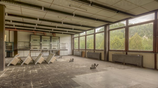 A large empty room with falling ceiling tiles and abandoned lab benches, Biotech, abandoned university, Lost Place, Sint-Genesius-Rode, Belgium, Europe