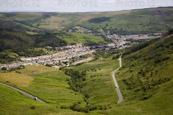 Linear pattern of terraced houses in Cwmparc, Treorchy, Rhonnda valley, South Wales, UK