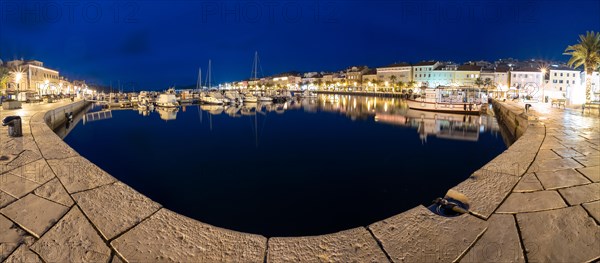 Blue hour, harbour of Mali Losinj, panoramic shot, island of Losinj, Kvarner Gulf Bay, Adriatic Sea, Croatia, Europe