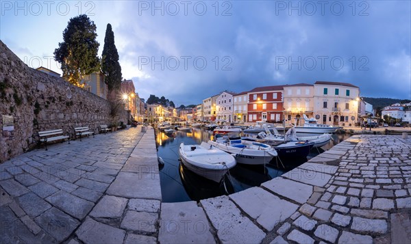 St. Anthony's Church and harbour, dawn, panoramic view, Veli Losinj, Kvarner Bay, Croatia, Europe