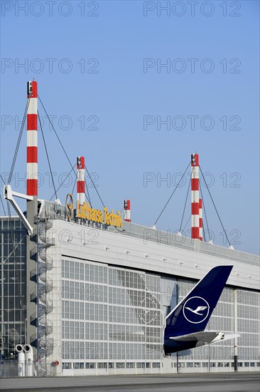 Lufthansa Airbus A380-800 tail fin with vertical stabiliser in the Lufthansa Technik maintenance hangar, Munich Airport, Upper Bavaria, Bavaria, Germany, Europe