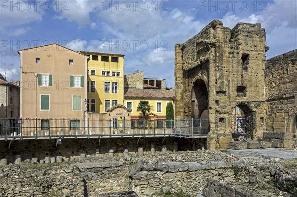 Archaeological excavations and Roman museum seen from the Theatre antique d'Orange, Ancient Theater of Orange, Provence-Alpes-Cote d'Azur, Vaucluse, France, Europe