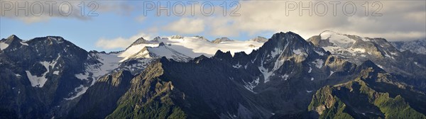 View over mountains along the mountain pass Passo di Gavia in the Italian Alps, Lombardy, Italy, Europe