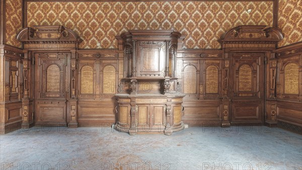 Spacious room with ornamental wood panelling and high ceilings, classically elegant, Villa Woodstock, Lost Place, Wuppertal, North Rhine-Westphalia, Germany, Europe