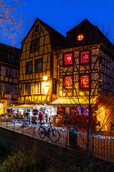 Historic houses with Christmas lights, Christmas decorations, Christmas market, half-timbered house, historic town, Blue Hour, The Fisherman's Staircase, Colmar, Alsace, France, Europe