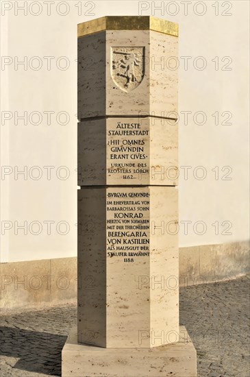 Staufer stele, erected and inaugurated on Johannisplatz on 31 March 2012 as part of the town's 2012 anniversary celebrations, Schwaebisch Gmuend, Baden-Wuerttemberg, Germany, Europe