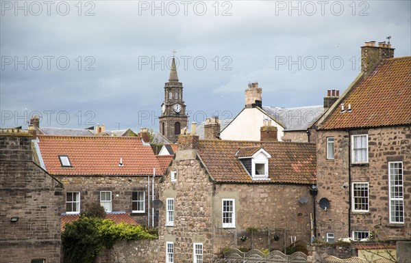 The Town Hall built 1754â€“60 set amongst rooftops, Berwick-upon-Tweed, Northumberland, England, UK