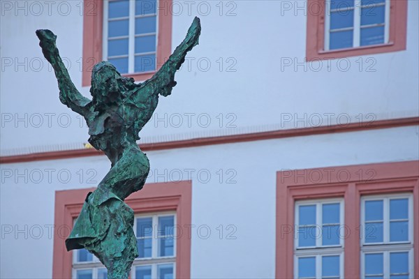 Sculpture Undine by Karlheinz Oswald 1996, water spirit, mythology, mythological, woman, mermaid, detail, gesture, arms, high, up, fish market, Alzey, Rhine-Hesse region, Rhineland-Palatinate, Germany, Europe