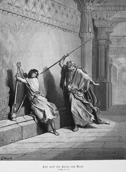 Saul throws the spear at David, 1st book of Samuel, chapter 18, harp, temple room, sitting, spear, kill, murder, fear, Bible, Old Testament, historical illustration 1885