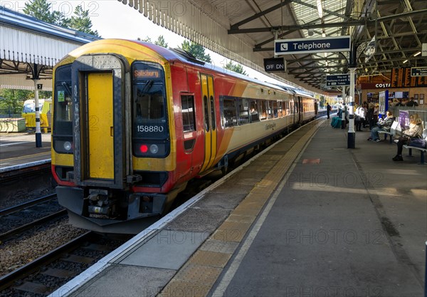 South Western Railway SWR Class 165 Turbo train 1158880 at Salisbury station, Wiltshire, England, UK