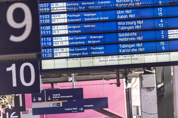 Strike by train drivers' union GDL, only a few trains run for three days. Information board with the strike announcement at Stuttgart main station, Baden-Wuerttemberg, Germany, Europe