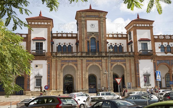 Cars outside historic railway station building, Jerez de la Frontera, Spain, Europe