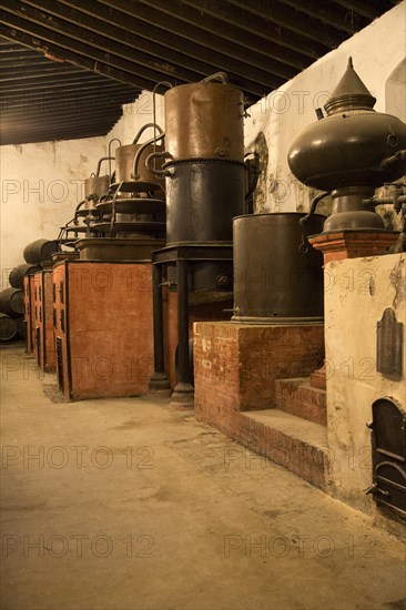 Old distilling equipment for brandy cognac production in Gonzalez Byass bodega, Jerez de la Frontera, Cadiz province, Spain, Europe