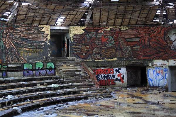 Ruined vandalised interior of Buzludzha monument former communist party headquarters, Bulgaria, eastern Europe, Europe