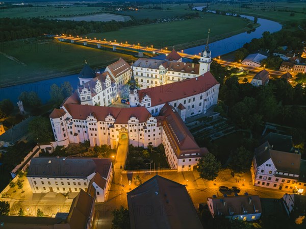 Hartenfels Castle from above, at dusk, Torgau, Saxony, Germany, Europe