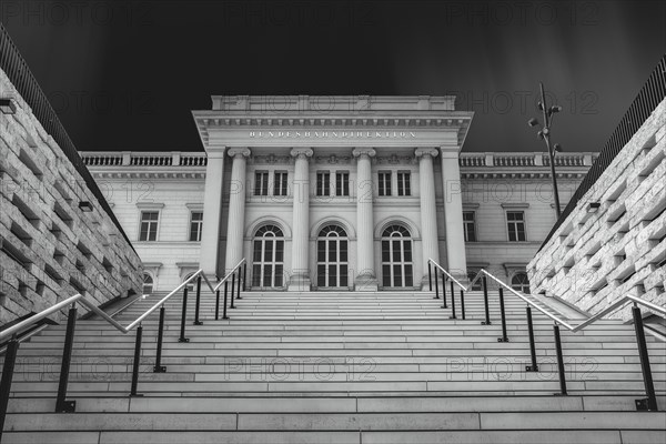 Monochrome image of a historic building with columns and staircase, Federal Railway Headquarters, Wuppertal Elberfeld, North Rhine-Westphalia, Germany, Europe