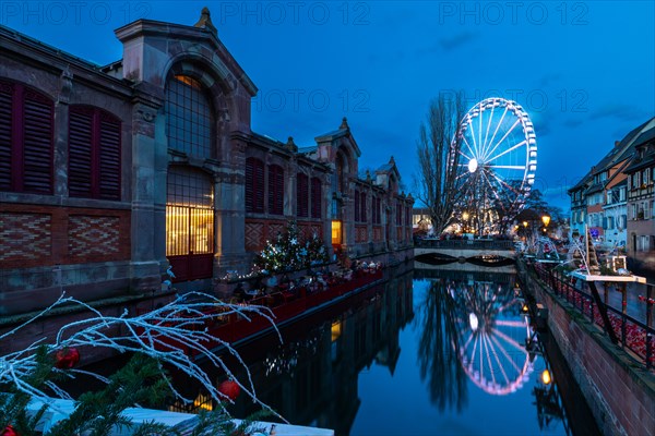 Market hall with Quai de Poissonnerie and Ferris wheel, Little Venice, Petite Venise, Christmas decorations, Christmas market, historic houses, historic town, Blue Hour, The Fishermen's Market, Colmar, Alsace, France, Europe