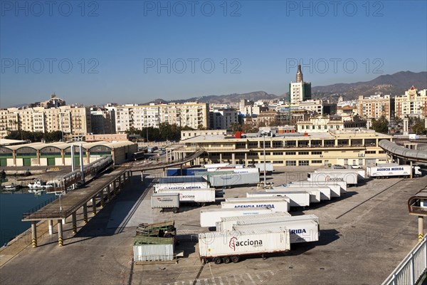 Vehicle containers on the quayside in the port of Malaga, Spain, Europe