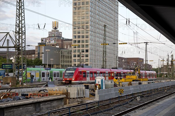 Construction site at Dortmund Central Station with the Dortmunder U and the Harenberg City Center, Dortmund, Ruhr Area, Germany, Europe