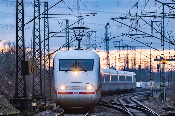 Railway line with many overhead lines and railway signals, InterCityExpress ICE of Deutsche Bahn AG, Stuttgart, Baden-Wuerttemberg, Germany, Europe