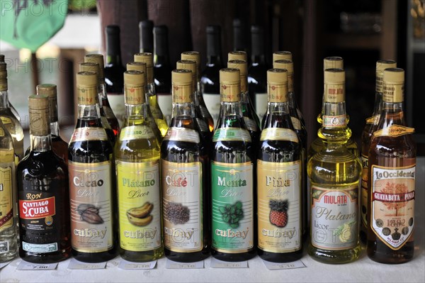 Rum bottles and liqueur bottles, Vinales, Valle de Vinales, Pinar del Rio province, Cuba, Greater Antilles, Caribbean, Central America
