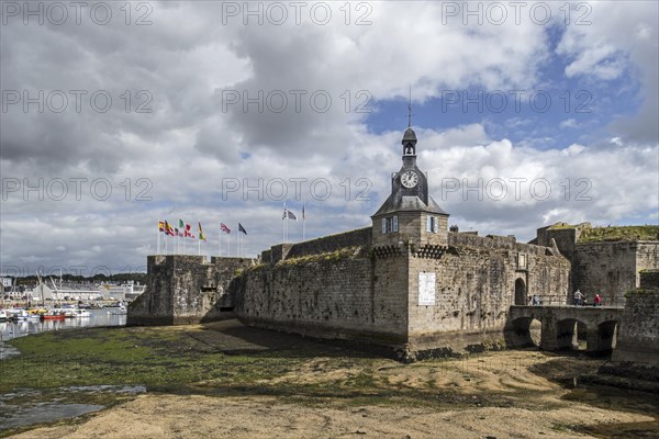 Belfry at the entrance gate to the medieval Ville Close at Concarneau, Finistere, Brittany, France, Europe