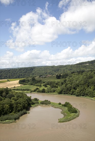 View north towards Lancaut over incised meander, gorge and river spit, River Wye, near Chepstow, Monmouthshire, Wales, UK