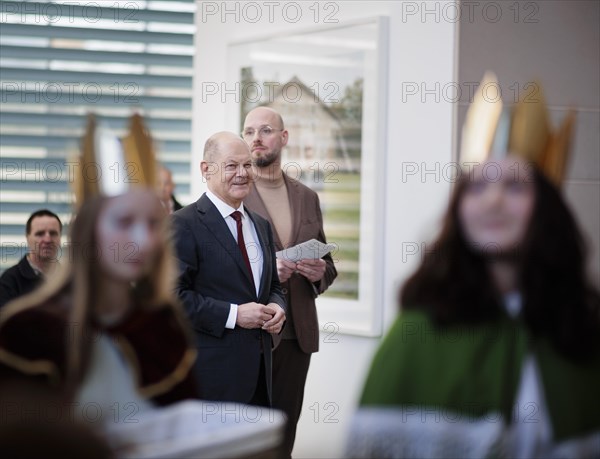 Federal Chancellor Olaf Scholz (SPD) pictured at the traditional reception for carol singers at the Federal Chancellery in Berlin, 8 January 2024