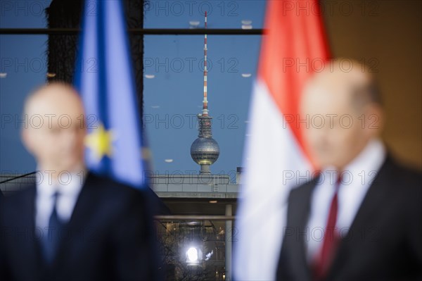 Federal Chancellor Olaf Scholz (SPD) and Luc Frieden, Prime Minister of the Grand Duchy of Luxembourg, give a press conference after talks at the Federal Chancellery in Berlin, 8 January 2024
