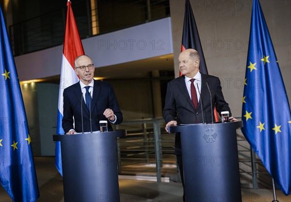 Federal Chancellor Olaf Scholz (SPD) and Luc Frieden, Prime Minister of the Grand Duchy of Luxembourg, give a press conference after talks at the Federal Chancellery in Berlin, 8 January 2024