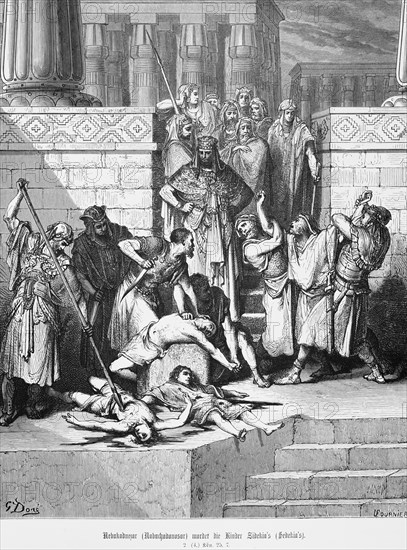 Nebuchadnezzar murders the children of Zidekiah, 2nd Book of Kings, murder, kill, temple, steps, soldiers, dagger, weapons, Bible, Old Testament, historical illustration
