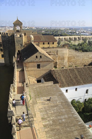 View to Roman bridge and river Rio Guadalquivir from Alcazar, Cordoba, Spain, Alcazar de los Reyes Cristianos, Europe