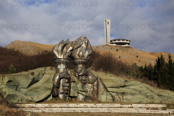 Burning torch sculpture Buzludzha monument former communist party headquarters, Bulgaria, eastern Europe, Europe