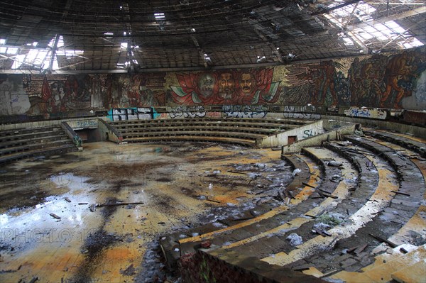 Ruined vandalised interior of Buzludzha monument former communist party headquarters, Bulgaria, eastern Europe, Europe