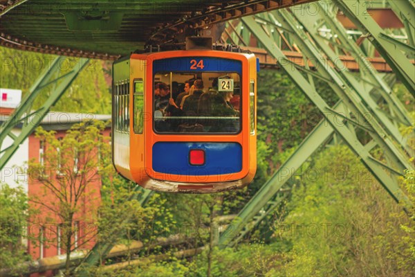 Orange-coloured suspension railway hanging on rails over a green landscape, suspension railway, Wuppertal, North Rhine-Westphalia, Germany, Europe