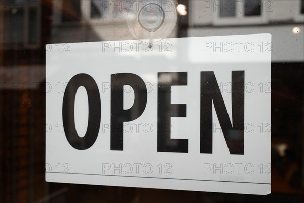 Sign with inscription Open, Haarlem, Netherlands