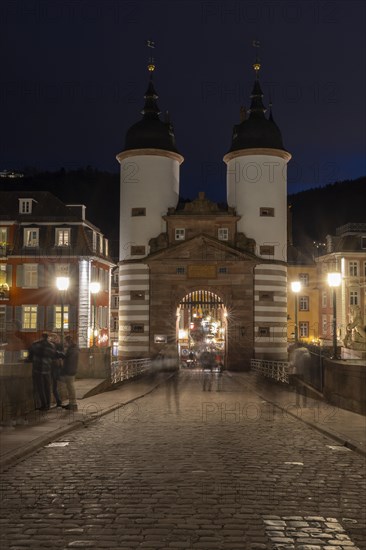Old bridge with double towers of the bridge gate, Heidelberg, Baden-Wuerttemberg, Germany, Europe