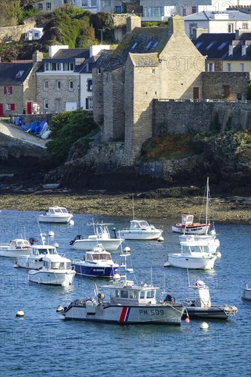 Harbour and commune of Le Conquet, seen from the Kermorvan peninsula, Finistere Pen ar Bed department, Brittany Breizh region, France, Europe