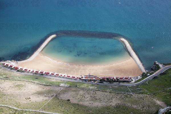 Sandy bay beach created by rock groynes, Gibraltar, British terroritory in southern Europe, Europe
