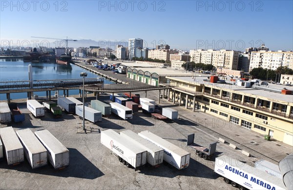 Vehicle containers on the quayside in the port of Malaga, Spain, Europe