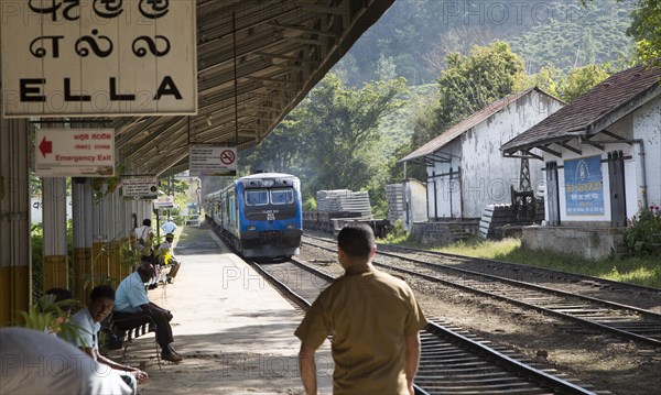 Train arriving at platform railway station Ella, Badulla District, Uva Province, Sri Lanka, Asia