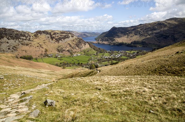 View of Ullswater lake and Glenridding village, Lake District, Cumbria, England, UK