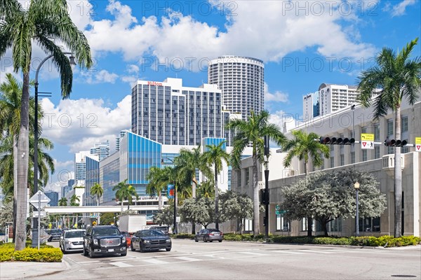 Traffic and skyscrapers in Downtown Miami, city center based around the Central Business District of Miami, Florida, United States, USA, North America