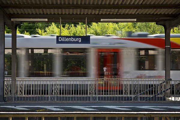 Passing train of the Hessische Landesbahn HLB at the railway station in Dillenburg, Hesse, Germany, Europe
