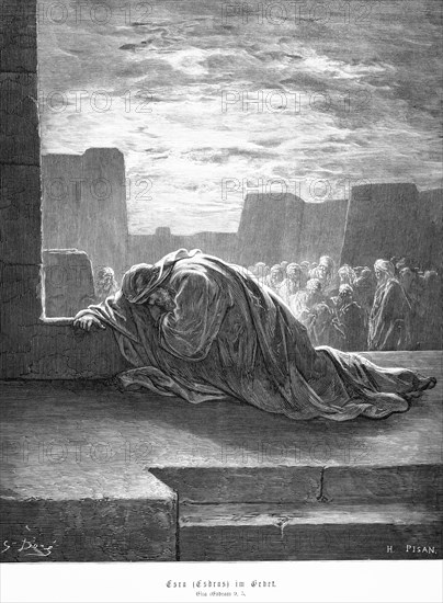 Ezra in prayer, Ezra, chapter 9, city wall, steps, people, Bible, Old Testament, historical illustration