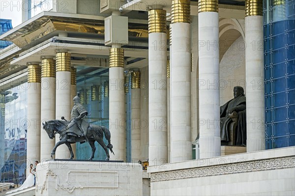 Main entrance to the Mongolian Government Palace, State Palace with statue of Genghis Khan in the capital city Ulaanbaatar, Ulan Bator, Mongolia, Asia