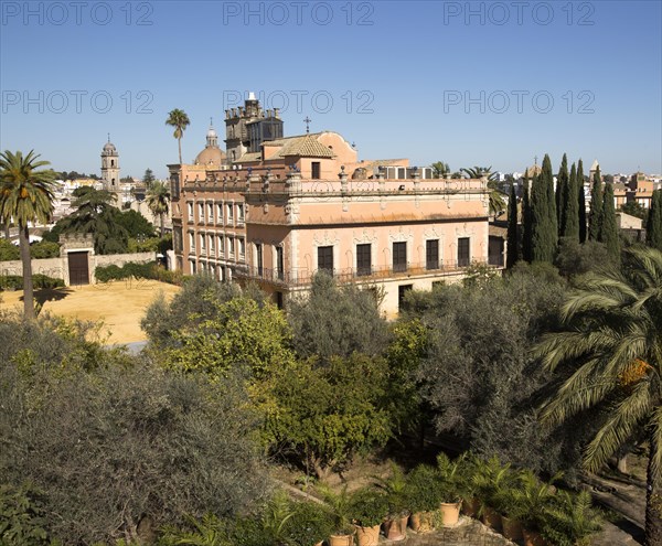 Historic palace building, Palacio de Villavicencio and gardens in the Alcazar, Jerez de la Frontera, Spain, Europe