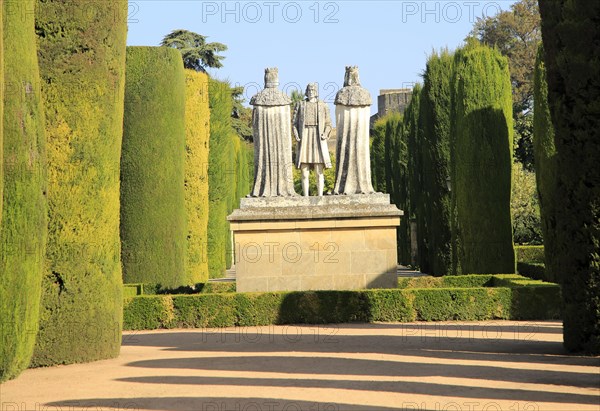 Columbus, King Ferdando and Queen Isabel statues in garden of Alcazar, Cordoba, Spain, Alcazar de los Reyes Cristianos, Europe