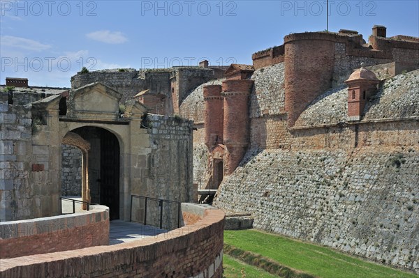 Entrance gate of the Catalan fortress Fort de Salses at Salses-le-Chateau, Pyrenees, France, Europe