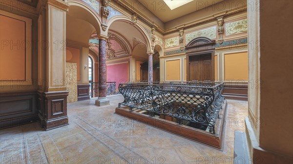 Elegant foyer with wrought-iron railings, columns and arches, luxurious interior design, Villa Woodstock, Lost Place, Wuppertal, North Rhine-Westphalia, Germany, Europe